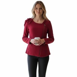 Anthropologie Sleeping on Snow Red Wool Felted Floral Asymmetrical Zip Jacket M